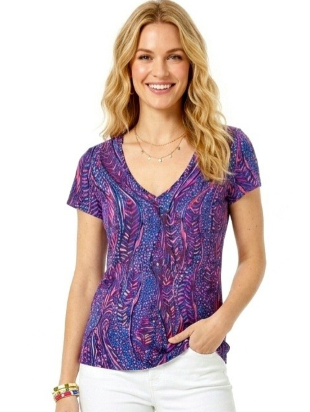 Lilly Pulitzer Etta V-Neck Tee | Blue Flare | Always Pawsitive | Sz M | EUC